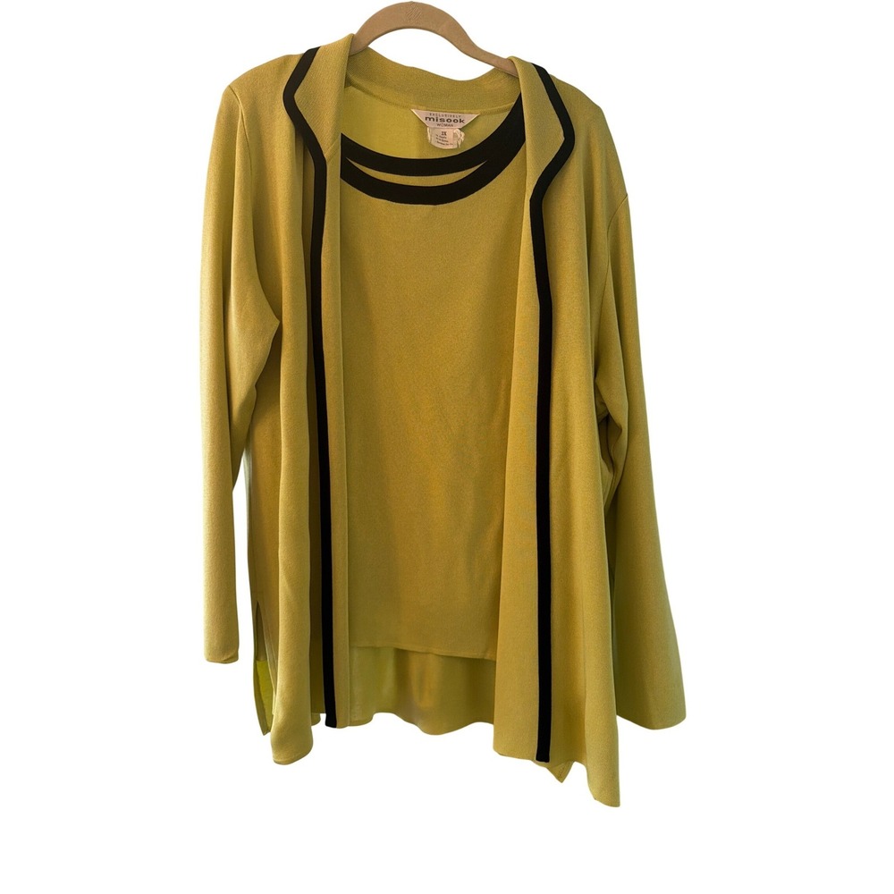 Misook Knit Set Chartreuse Green Black Trim Cardigan Shell 2X Plus Size Luxury